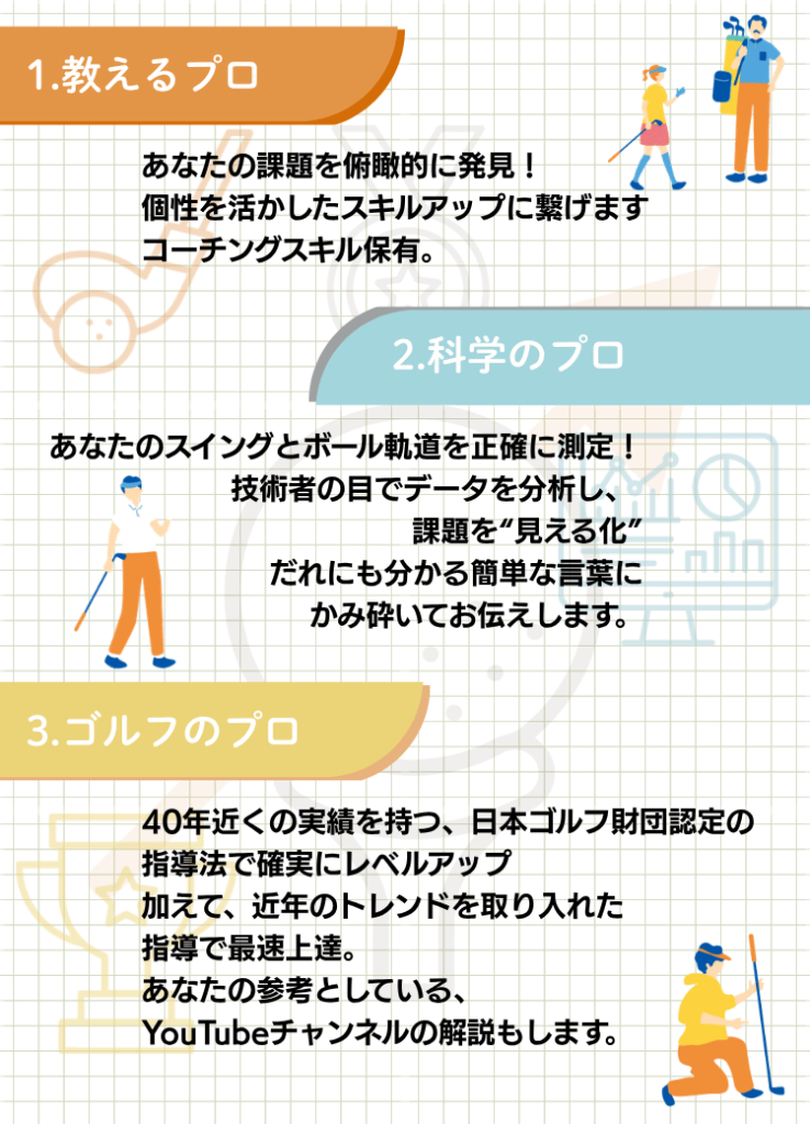 寝屋川市ゴルフスクールではデータ解析し、一人一人に合ったスタイルでゴルフを教えます。